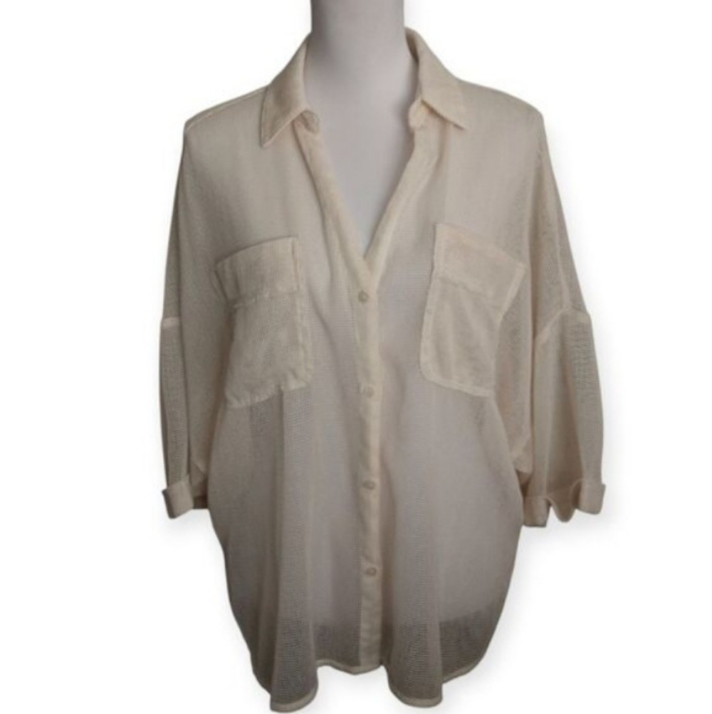 Lilyful Beige Sheer Mesh Button-Down Shirt Sz.S EUC. - Picture 3 of 10